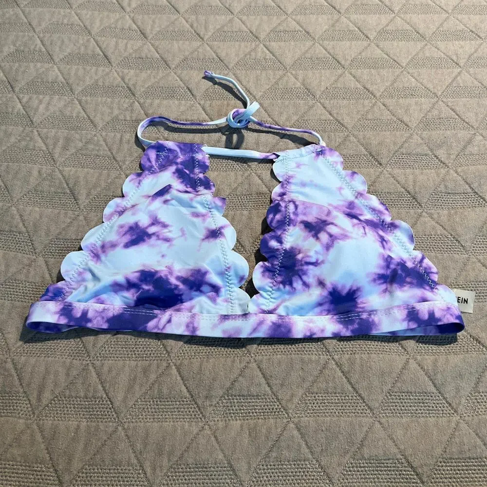 Purple Blue Tie‎ Dye Scalloped Halter Bikini Top Swimsuit Bathing Suit